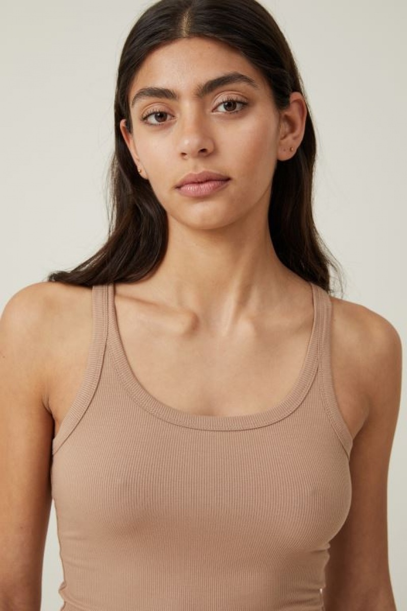 Cotton On Staple Rib Scoop Neck Women's Tanks Brown | XqTNsgBYFad