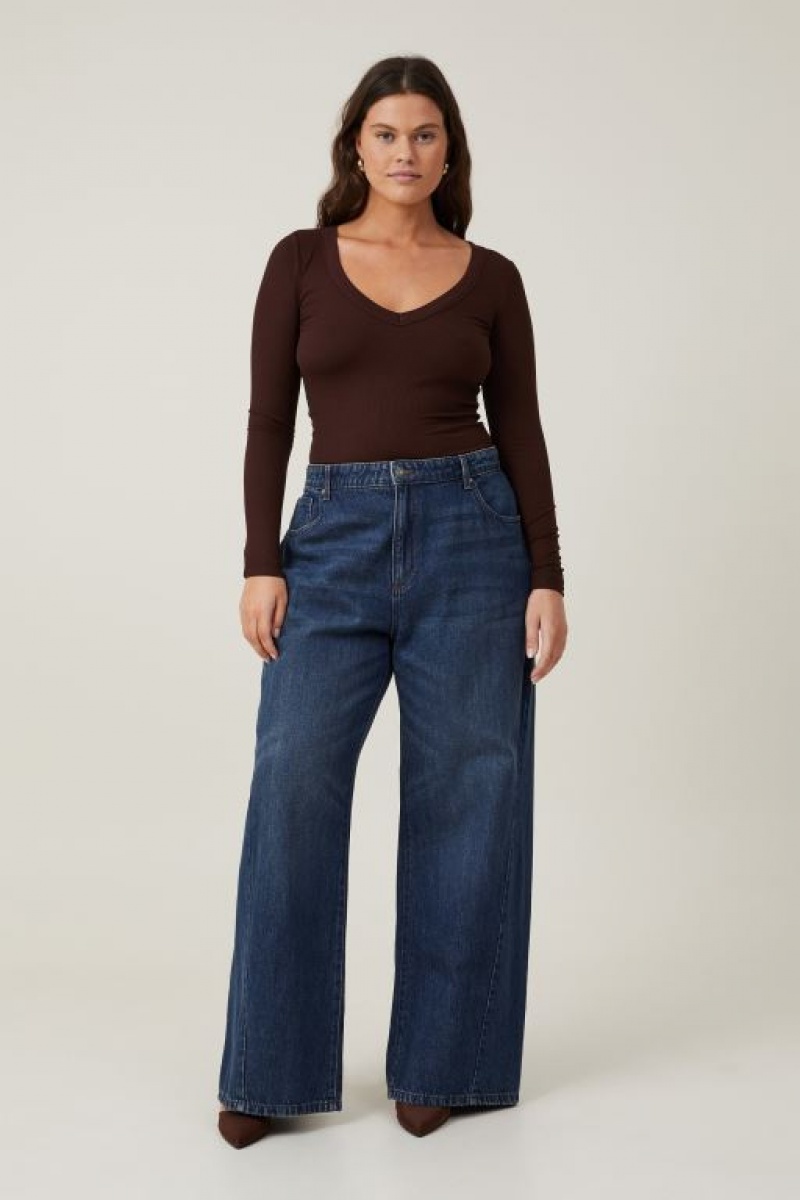 Cotton On Staple Rib V Neck Top Women's Long Sleeve Dark | VjQa7kpU1om