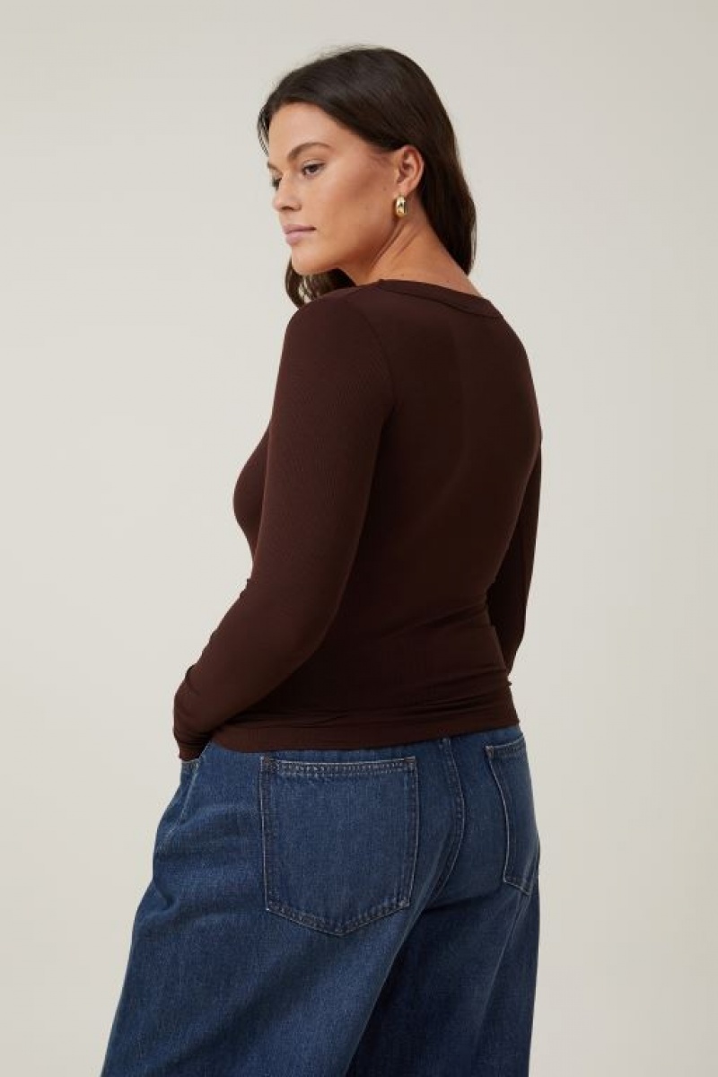 Cotton On Staple Rib V Neck Top Women's Long Sleeve Dark | VjQa7kpU1om