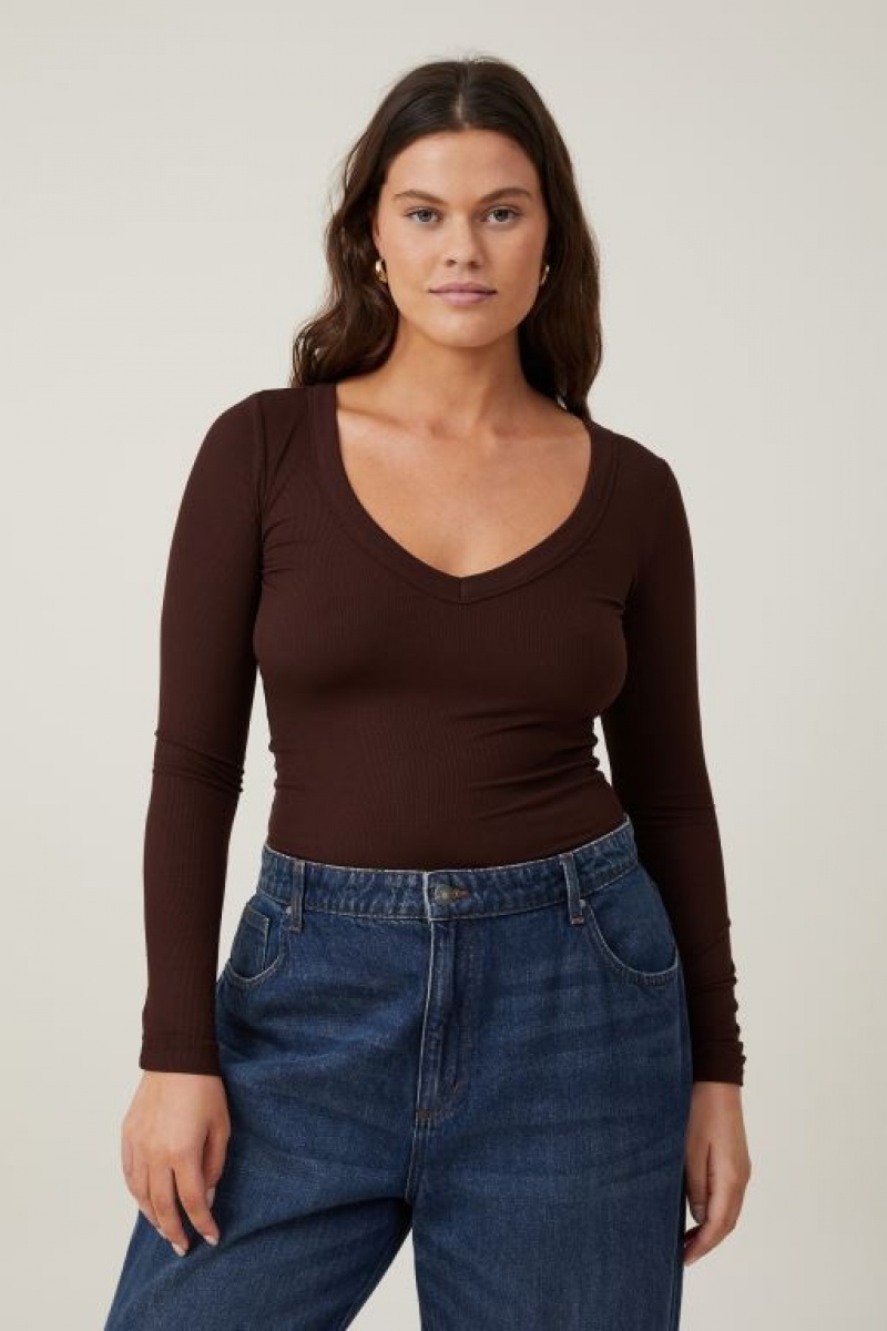 Cotton On Staple Rib V Neck Top Women\'s Long Sleeve Dark | VjQa7kpU1om