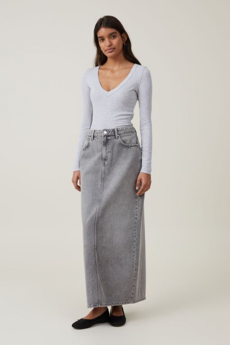 Cotton On Staple Rib V Neck Top Women's Long Sleeve Grey | CFkcX1WcF0X