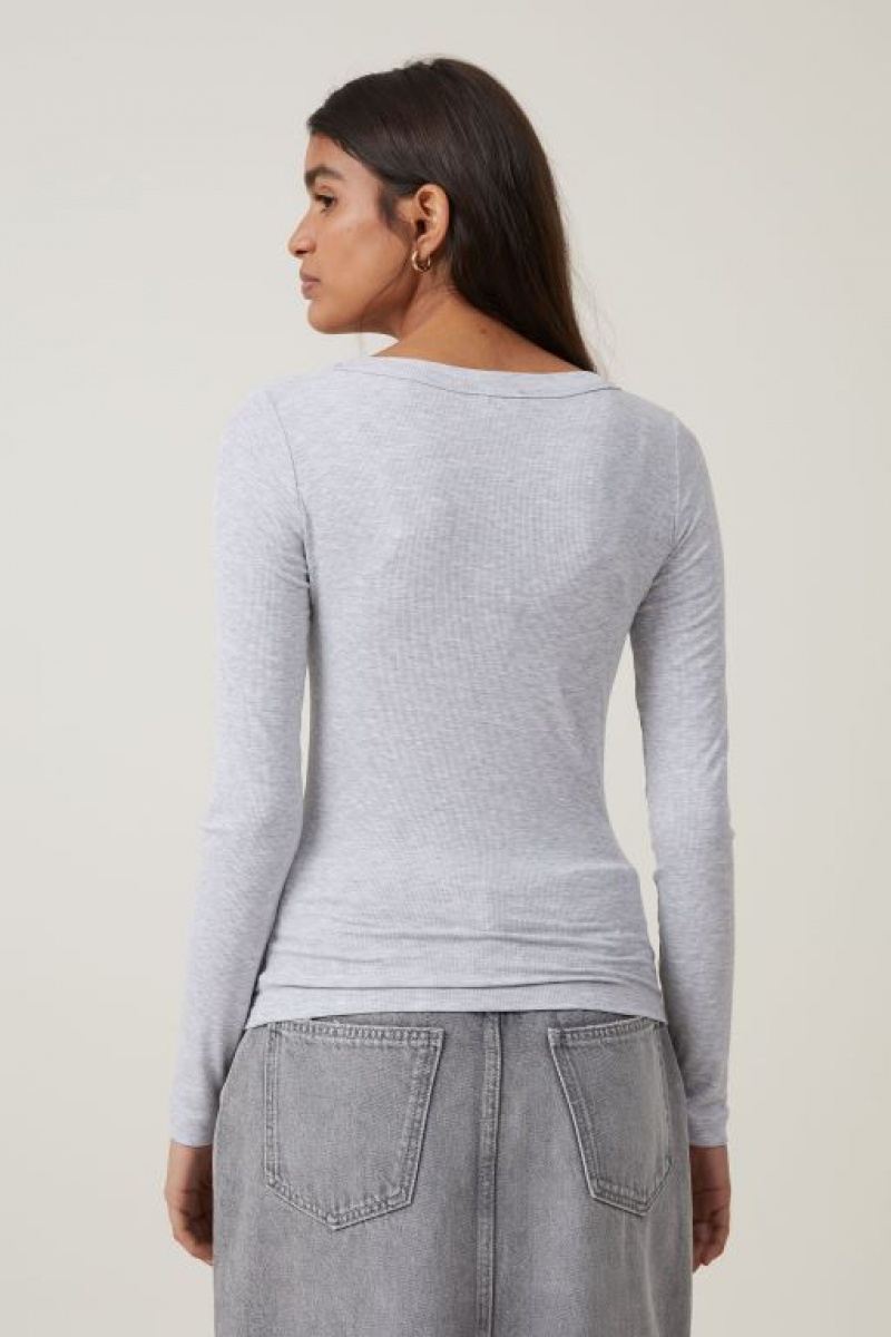 Cotton On Staple Rib V Neck Top Women's Long Sleeve Grey | CFkcX1WcF0X