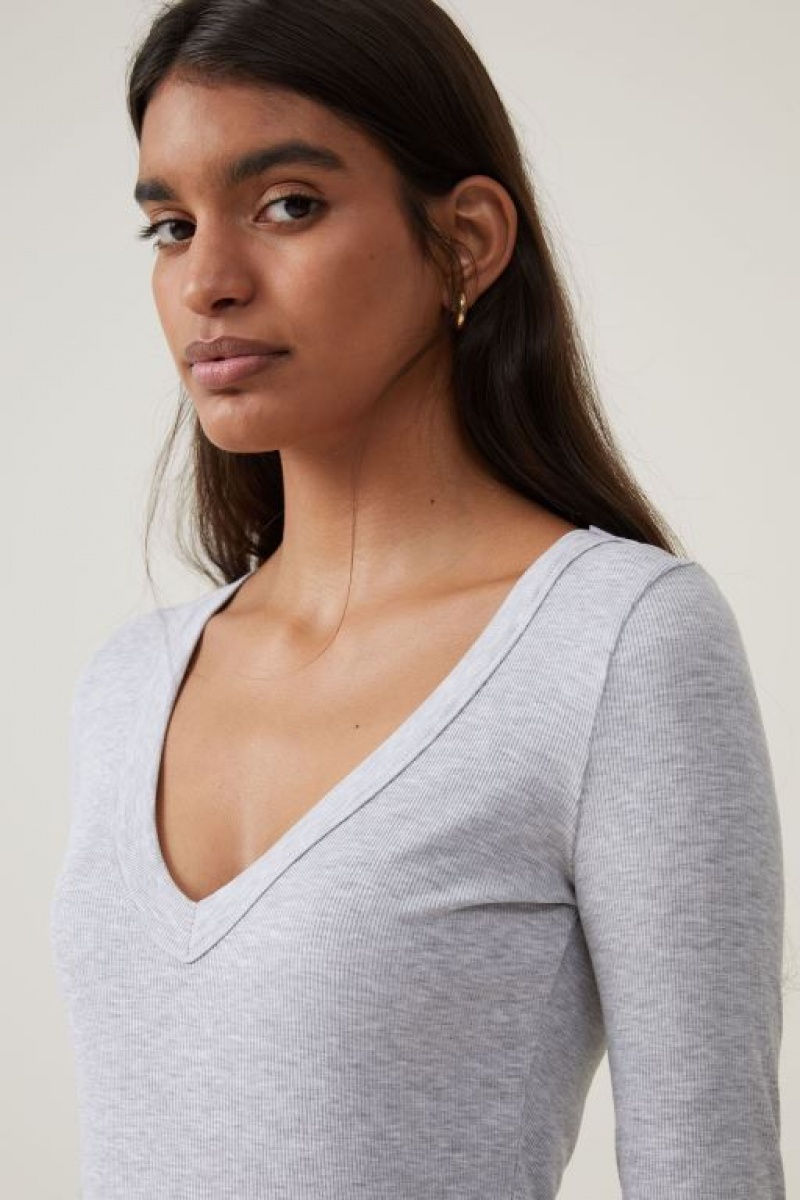 Cotton On Staple Rib V Neck Top Women's Long Sleeve Grey | CFkcX1WcF0X