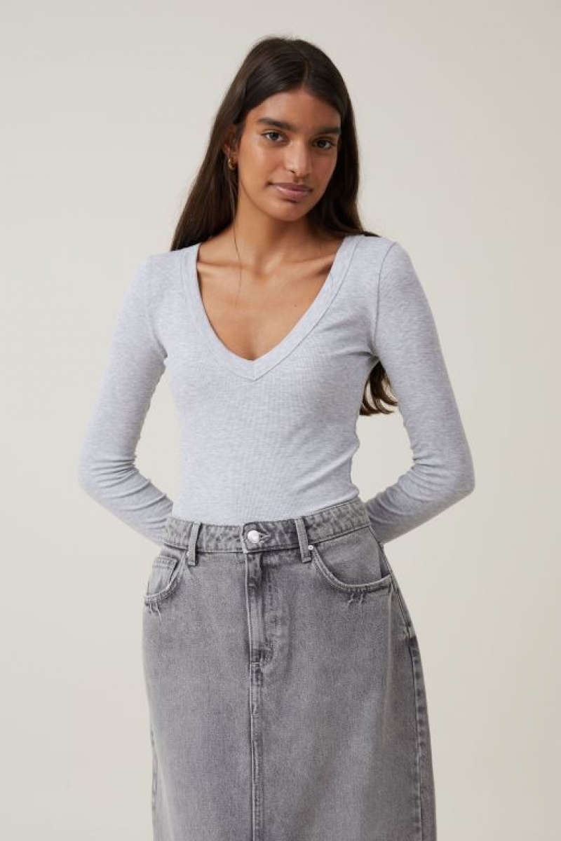 Cotton On Staple Rib V Neck Top Women\'s Long Sleeve Grey | CFkcX1WcF0X