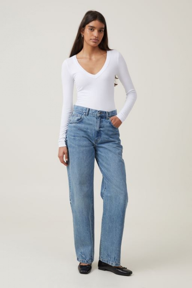 Cotton On Staple Rib V Neck Top Women's Long Sleeve White | plpiZrd2FE8