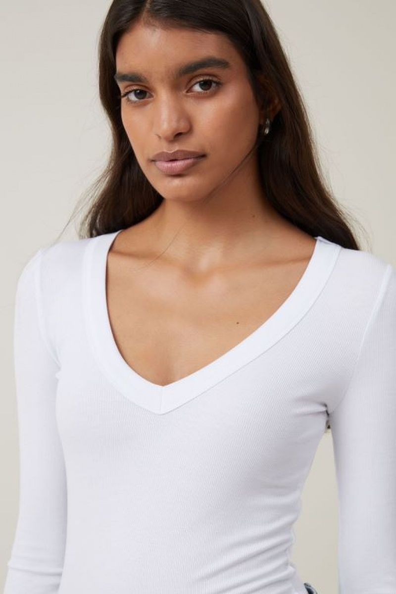 Cotton On Staple Rib V Neck Top Women's Long Sleeve White | plpiZrd2FE8