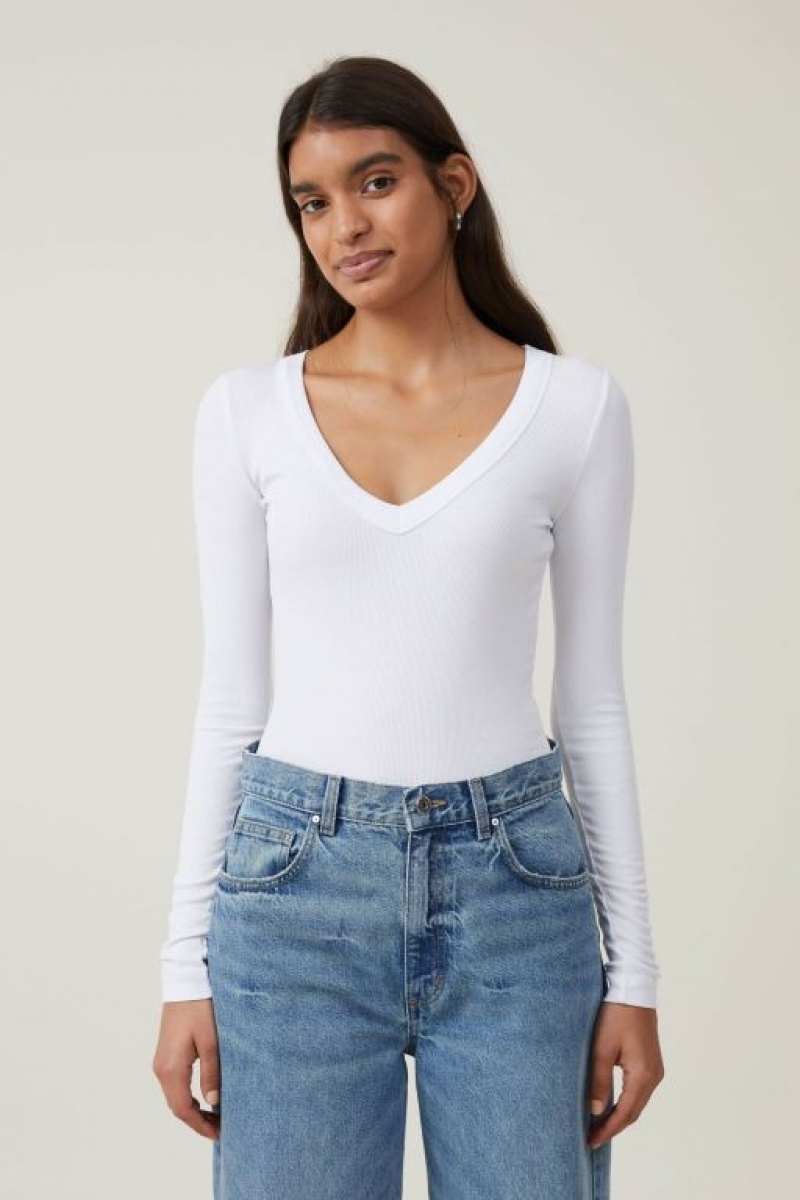 Cotton On Staple Rib V Neck Top Women\'s Long Sleeve White | plpiZrd2FE8