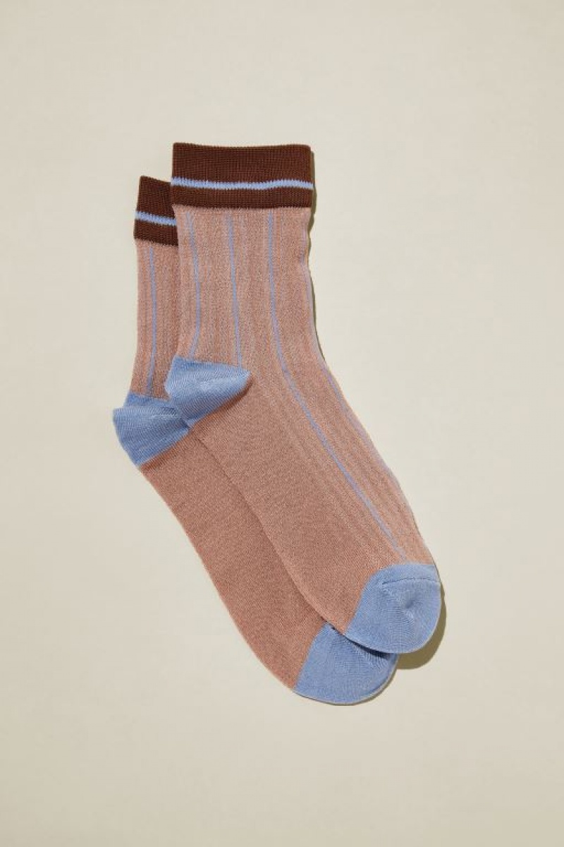 Cotton On Stripe Mesh Crew Women\'s Socks Brown / Blue Stripes | 10QlR0sudLj