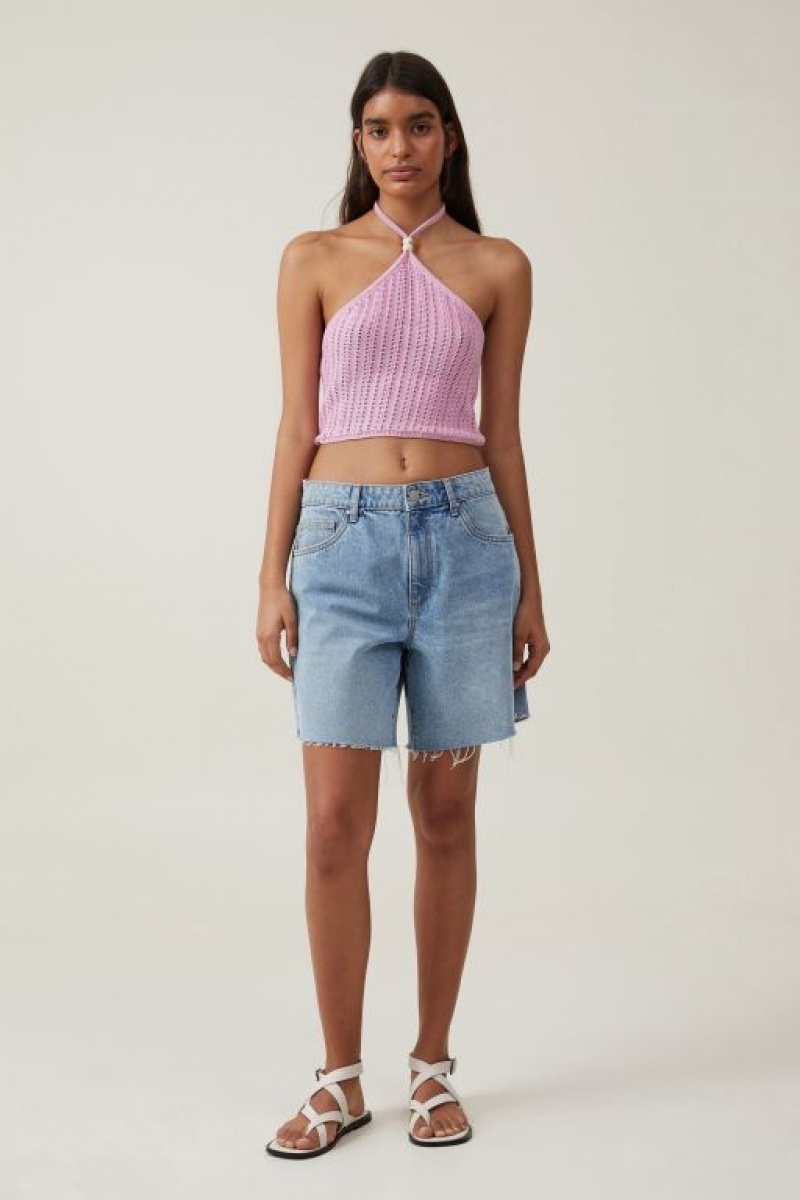 Cotton On Summer Crochet Halter Women's Knitwear Pink | 70NDsMw5IaI