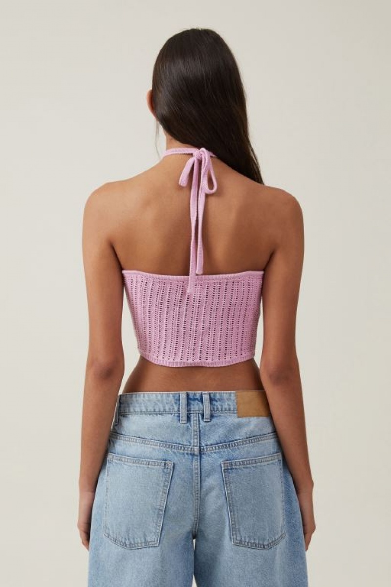 Cotton On Summer Crochet Halter Women's Knitwear Pink | 70NDsMw5IaI