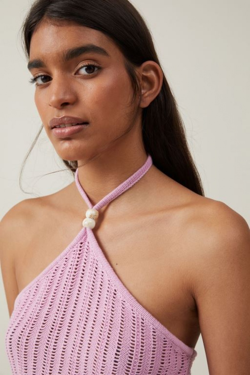 Cotton On Summer Crochet Halter Women's Knitwear Pink | 70NDsMw5IaI