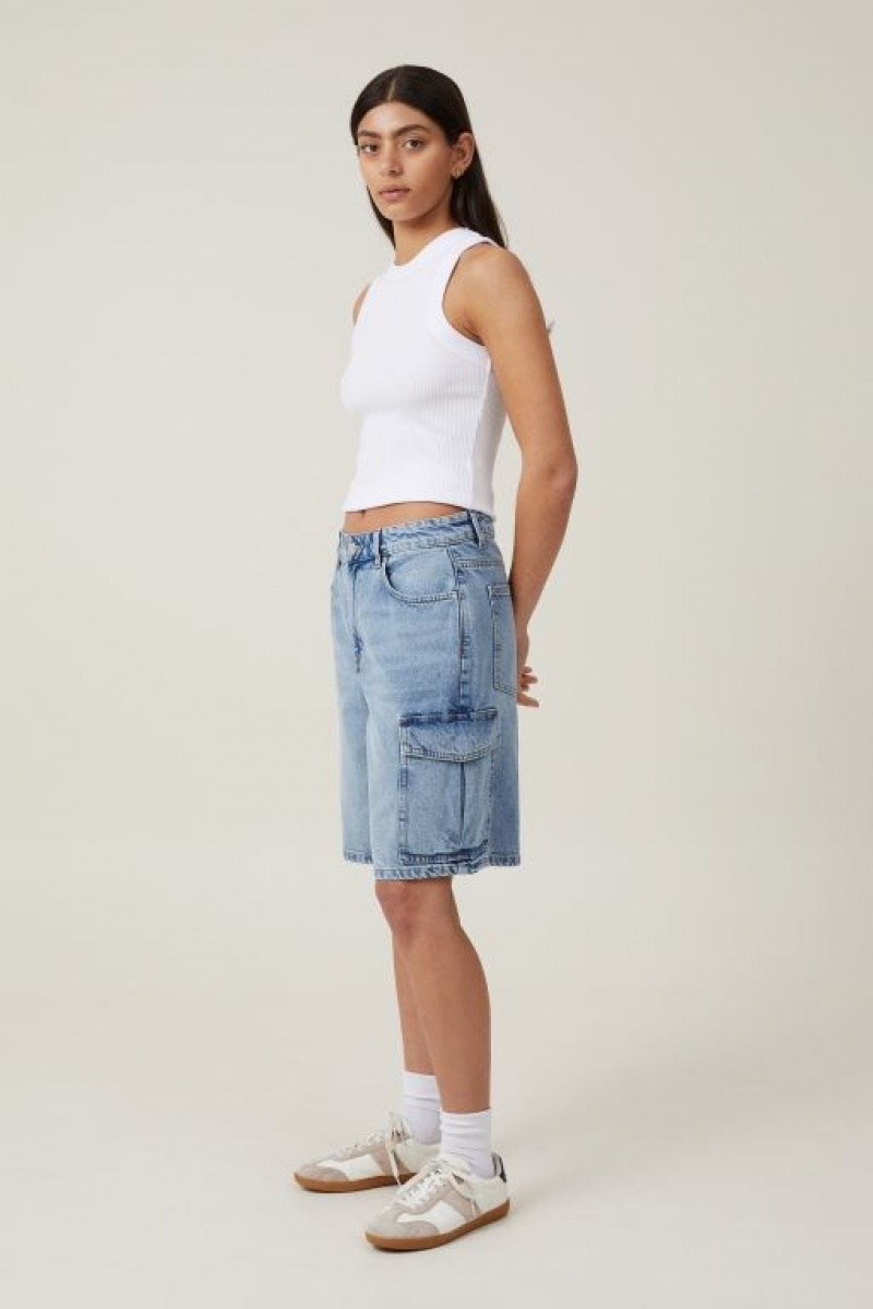Cotton On Super Baggy Cargo Denim Jort Women's Shorts Blue | kjmbEQ9MRJL