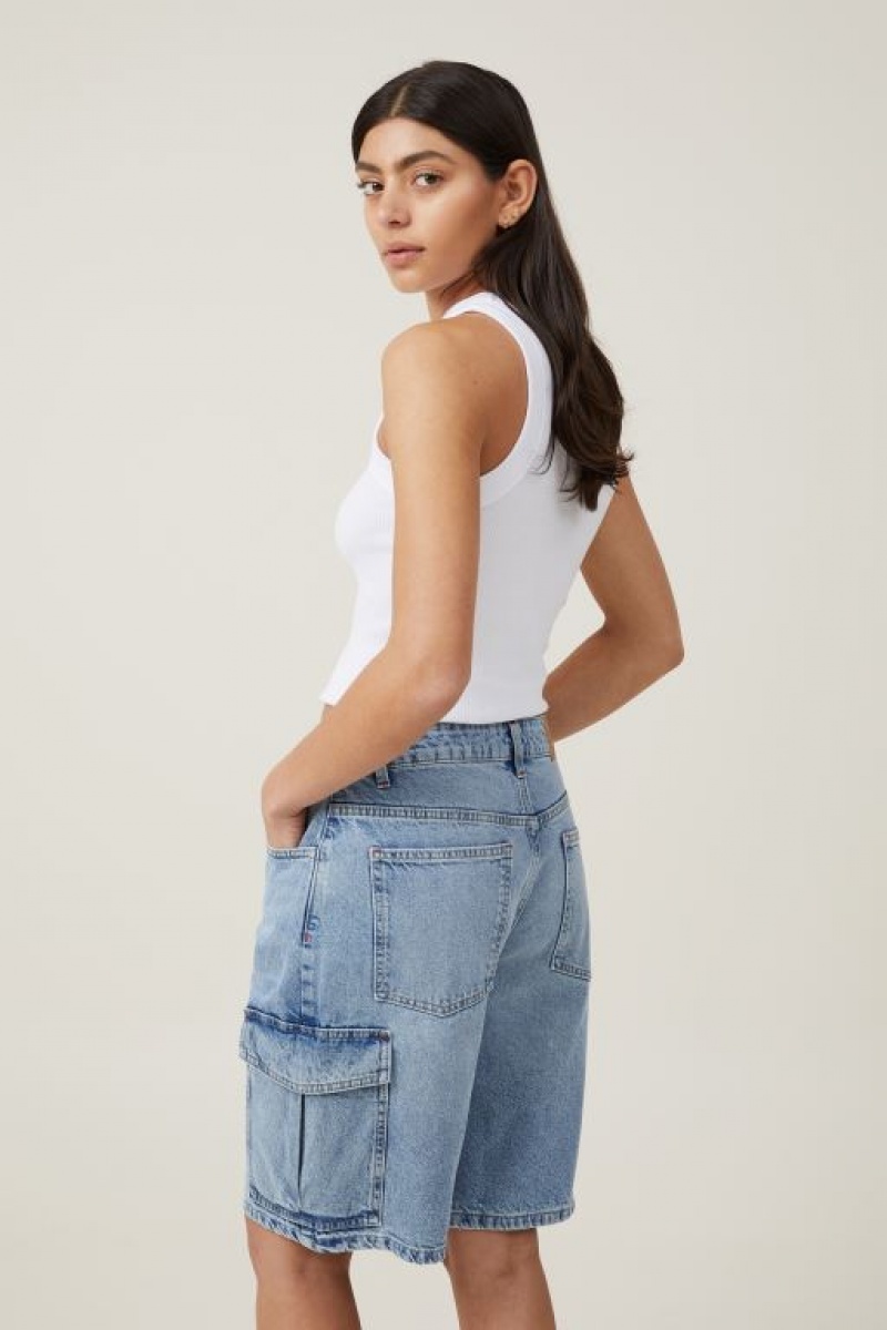 Cotton On Super Baggy Cargo Denim Jort Women's Shorts Blue | kjmbEQ9MRJL