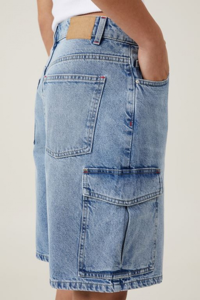 Cotton On Super Baggy Cargo Denim Jort Women's Shorts Blue | kjmbEQ9MRJL
