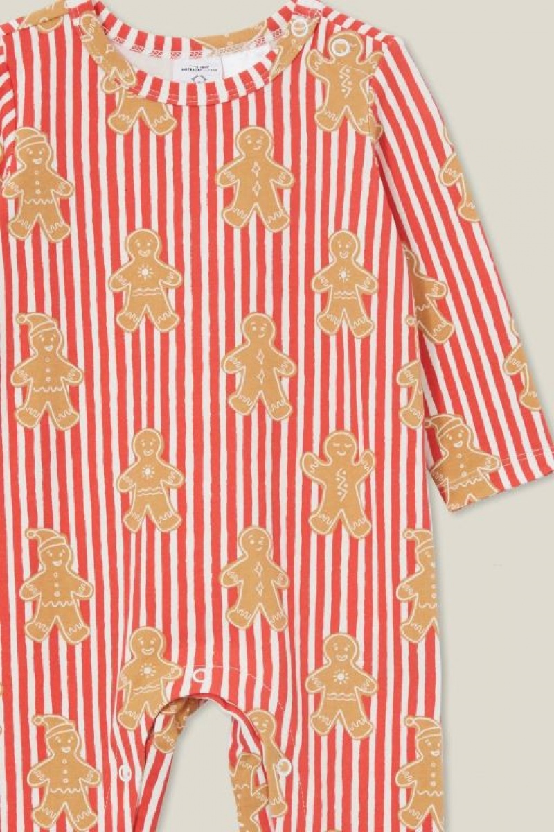 Cotton On The Long Sleeve Snap Baby Rompers Red / Stripes | S857F82bzTy