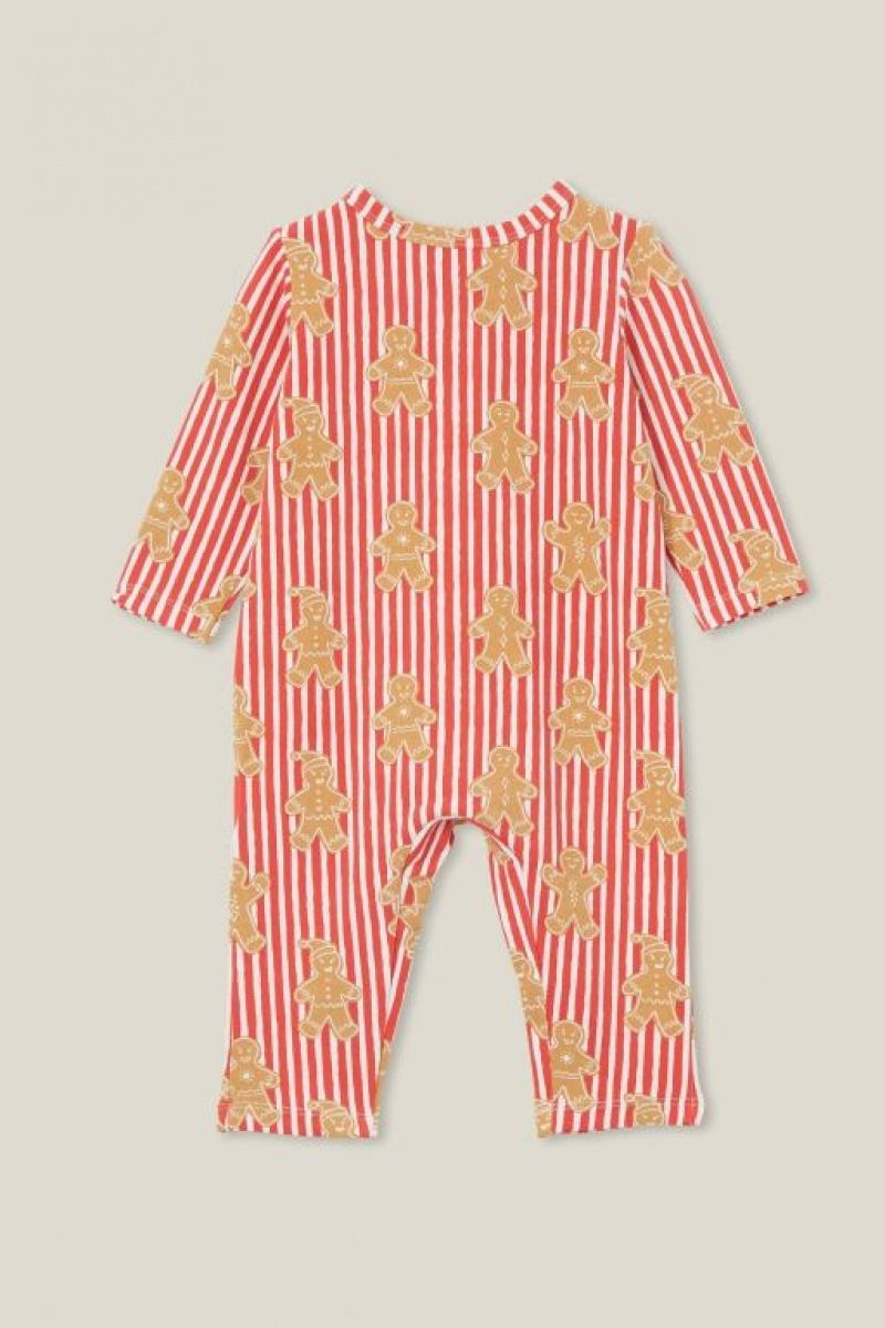 Cotton On The Long Sleeve Snap Baby Rompers Red / Stripes | S857F82bzTy