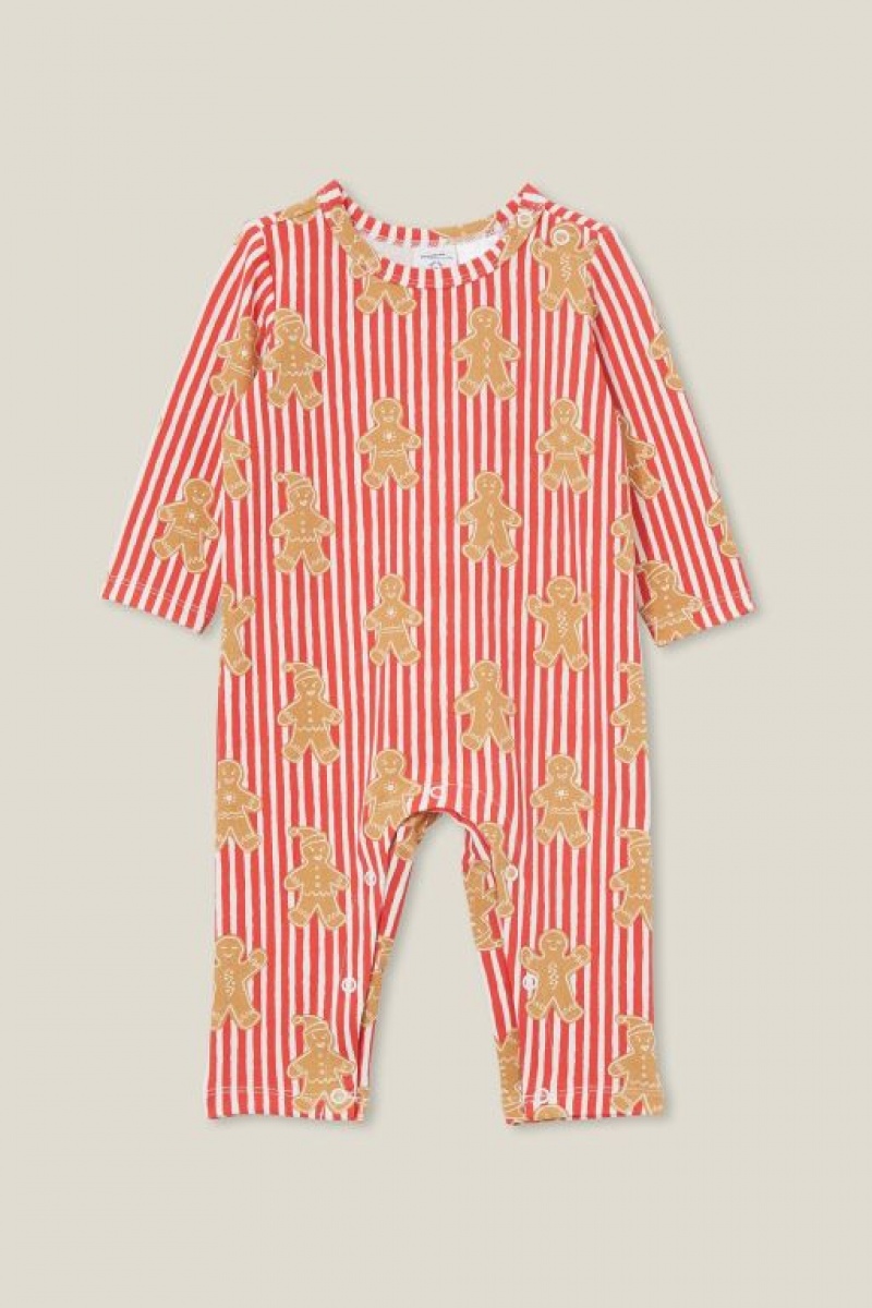 Cotton On The Long Sleeve Snap Baby Rompers Red / Stripes | S857F82bzTy