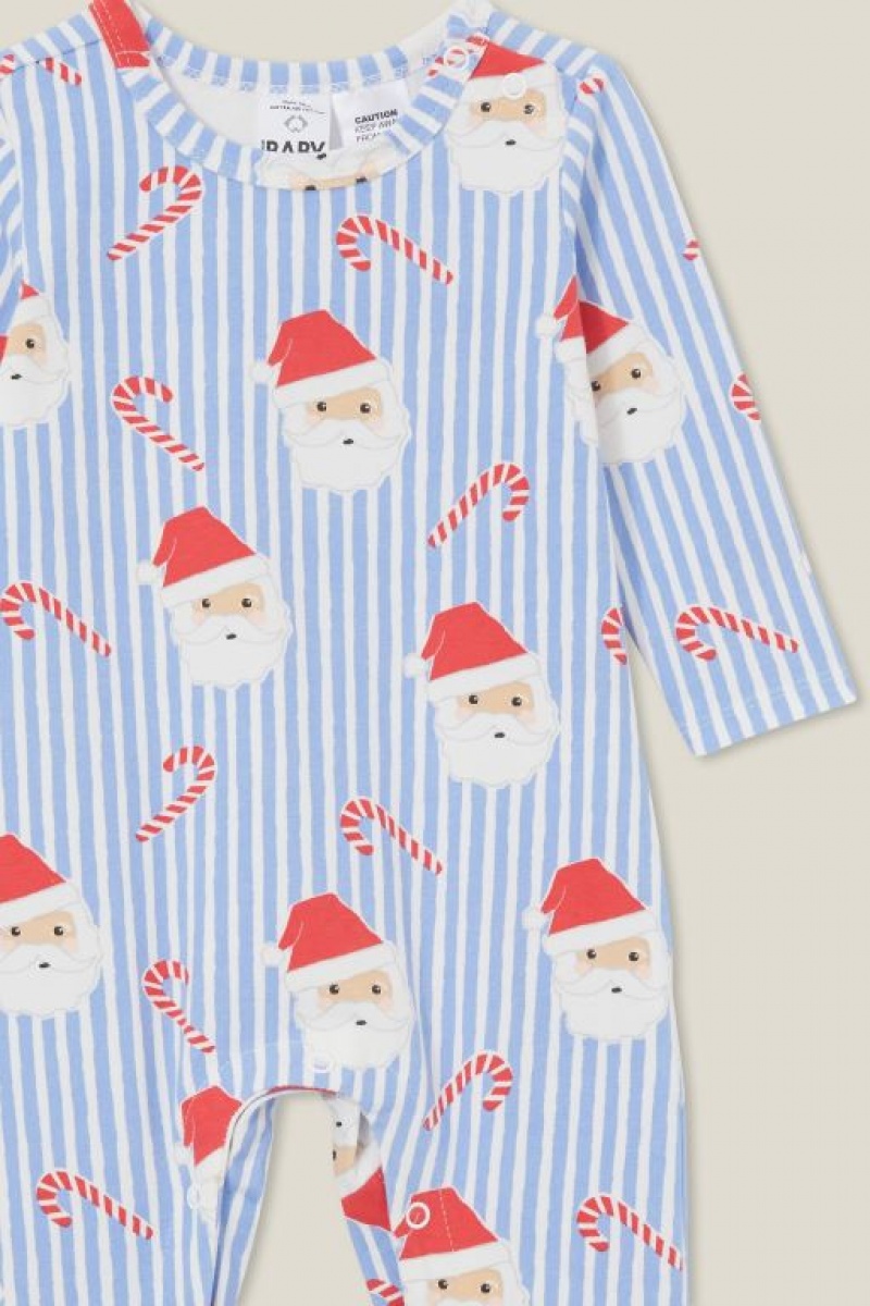 Cotton On The Long Sleeve Snap Baby Rompers Blue / Stripes | 9kL8ZXBPgiI