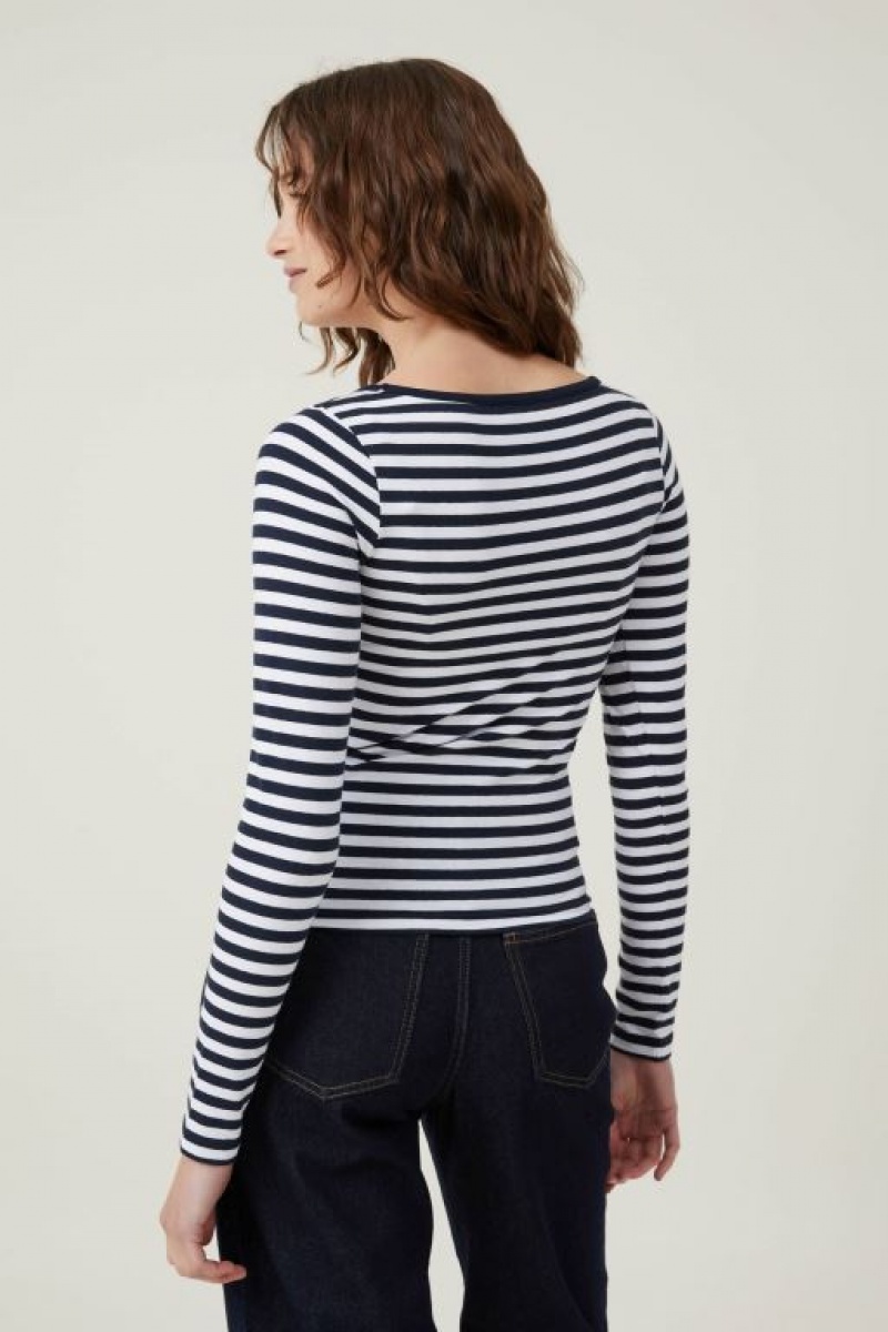 Cotton On The One Basic Boat Neck Long Sleeve Women's Tanks Stripes White / Navy | ZBtAGRUMmGF
