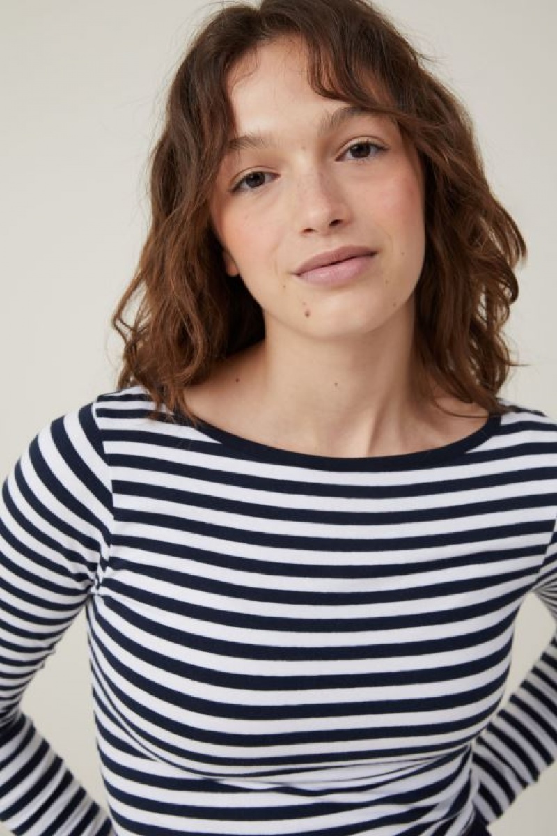 Cotton On The One Basic Boat Neck Long Sleeve Women's Tanks Stripes White / Navy | ZBtAGRUMmGF