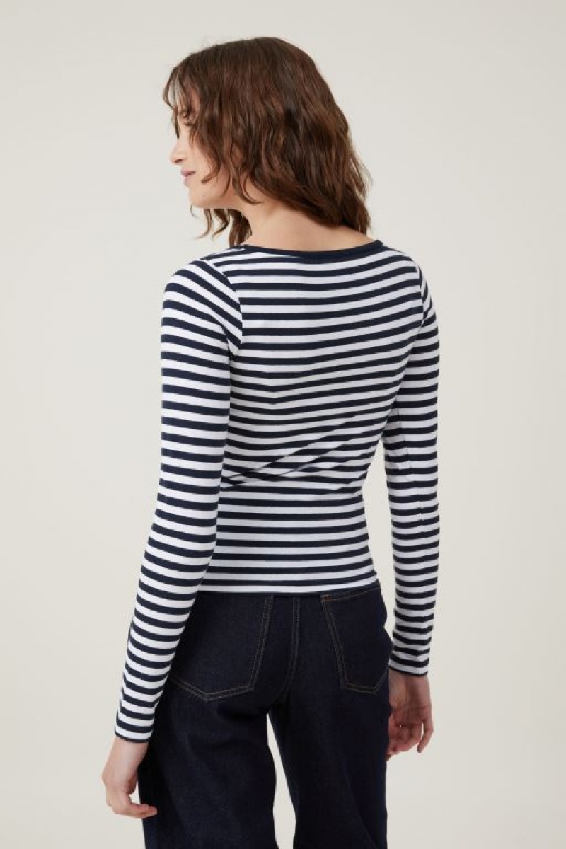 Cotton On The One Basic Boat Neck Top Women's Long Sleeve Stripes White / Navy | 25N8ybOX6kZ