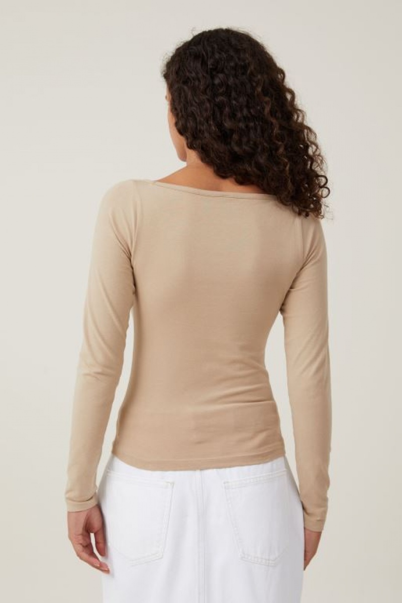 Cotton On The One Basic Boat Neck Top Women's Long Sleeve Grey Brown | 83oKia79CxI