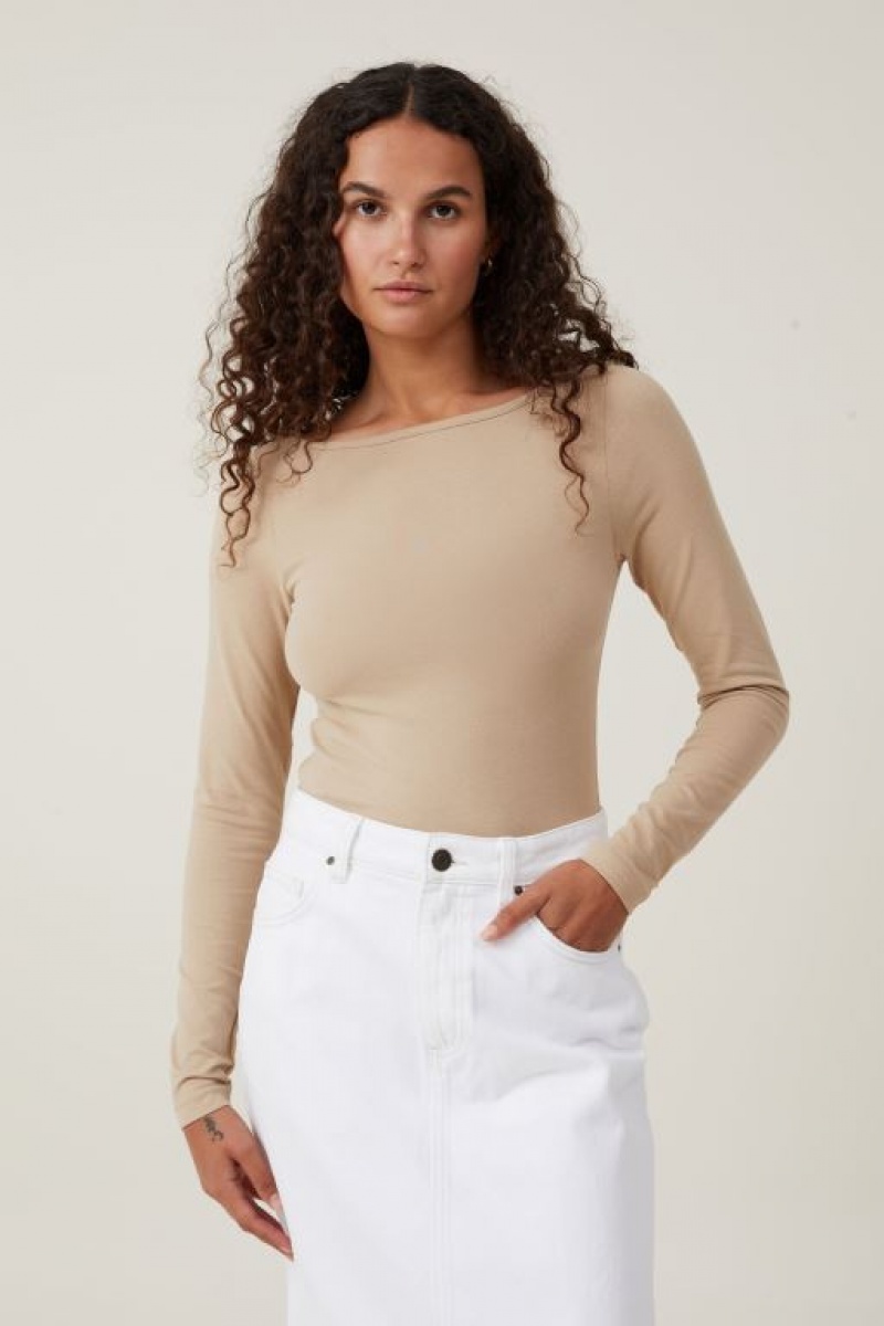 Cotton On The One Basic Boat Neck Top Women\'s Long Sleeve Grey Brown | 83oKia79CxI