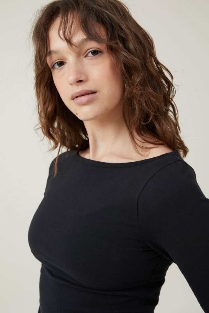 Cotton On The One Basic Boat Neck Top Women's Long Sleeve Black | J5Uu3r4xl3N
