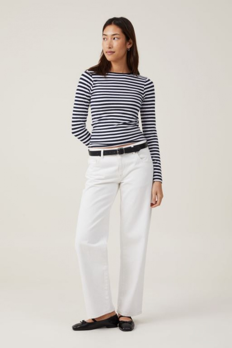 Cotton On The One Basic Crew Neck Top Women's Long Sleeve Stripes White / Navy | g7gxLFXkPN7