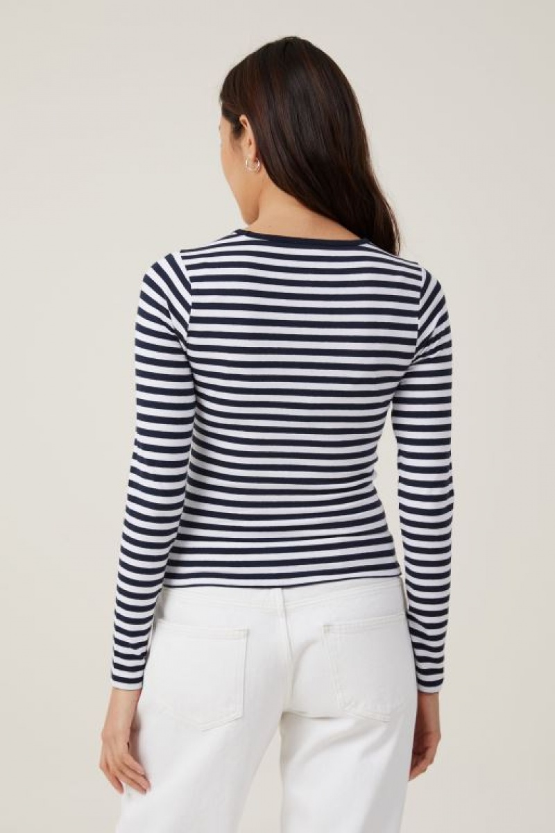 Cotton On The One Basic Crew Neck Top Women's Long Sleeve Stripes White / Navy | g7gxLFXkPN7