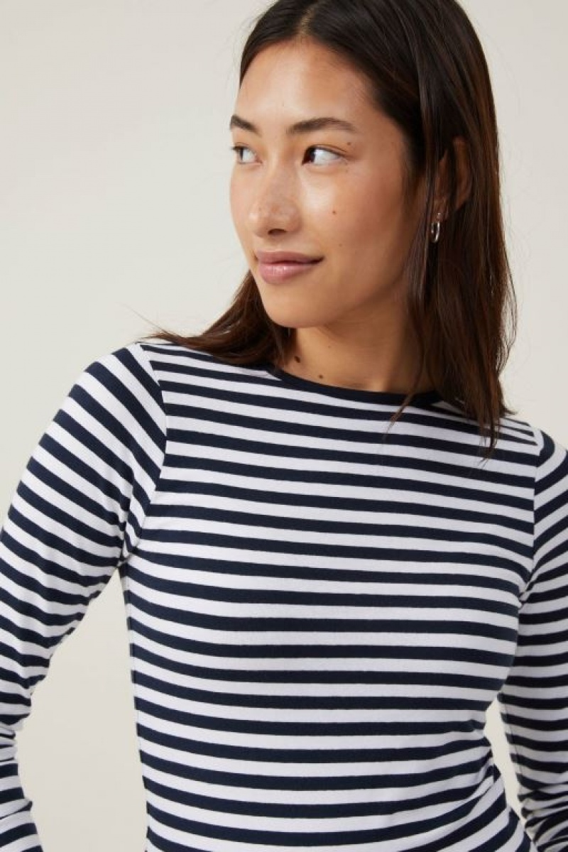 Cotton On The One Basic Crew Neck Top Women's Long Sleeve Stripes White / Navy | g7gxLFXkPN7