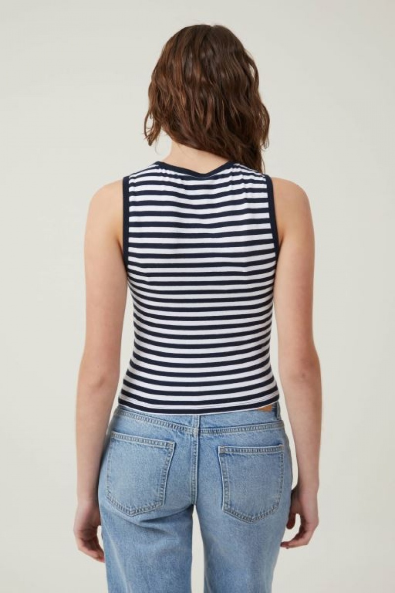Cotton On The One Basic High Neck Women's Tanks Stripes White / Navy | 50NAs6lgaxU