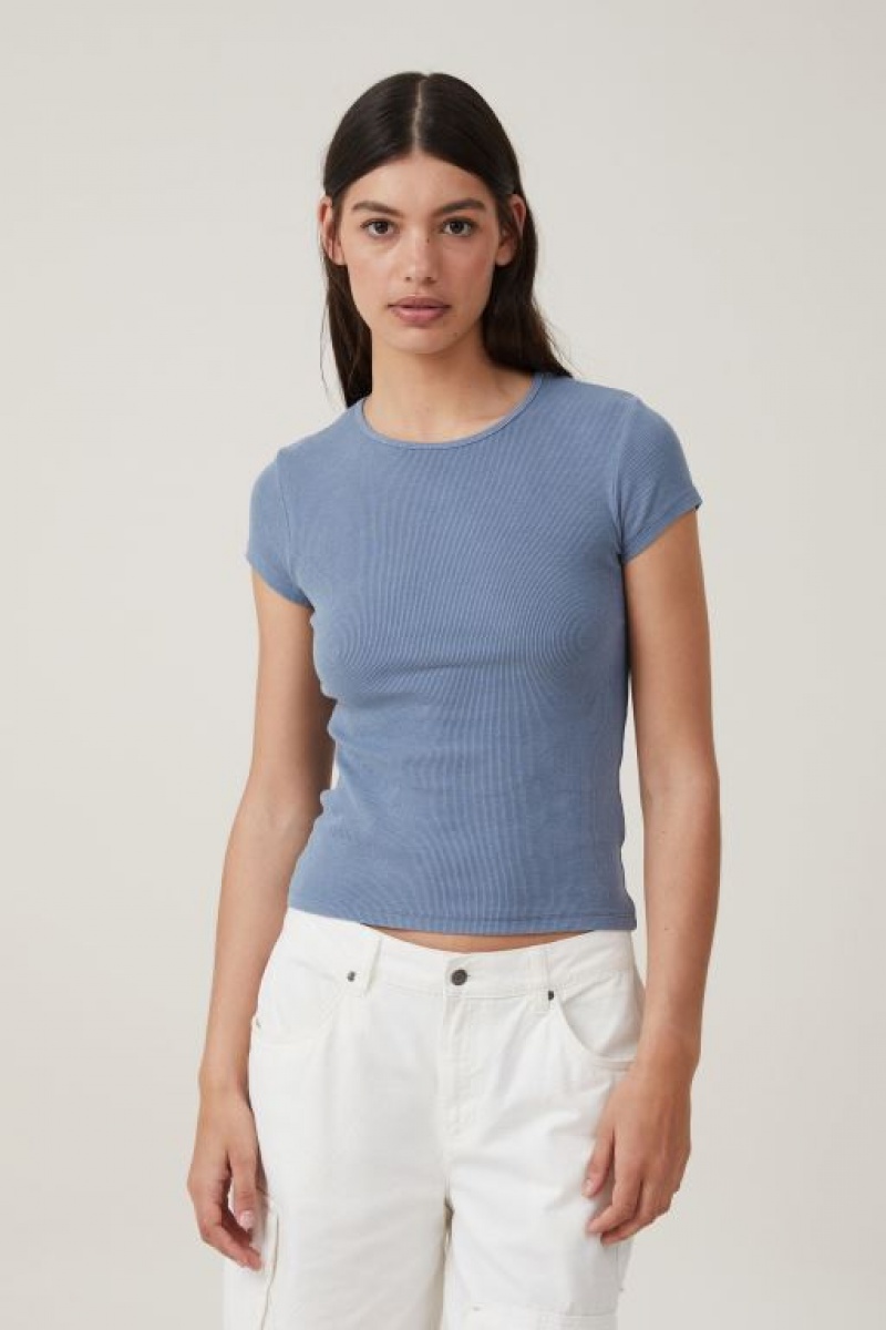 Cotton On The One Organic Rib Crew Short Sleeve Women\'s T Shirts Blue | PXraVb5G3Kg