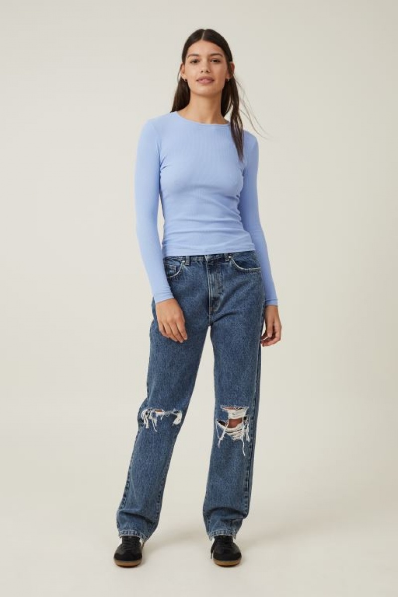 Cotton On The One Organic Rib Crew Top Women's Long Sleeve Blue | AmqATMRE44M