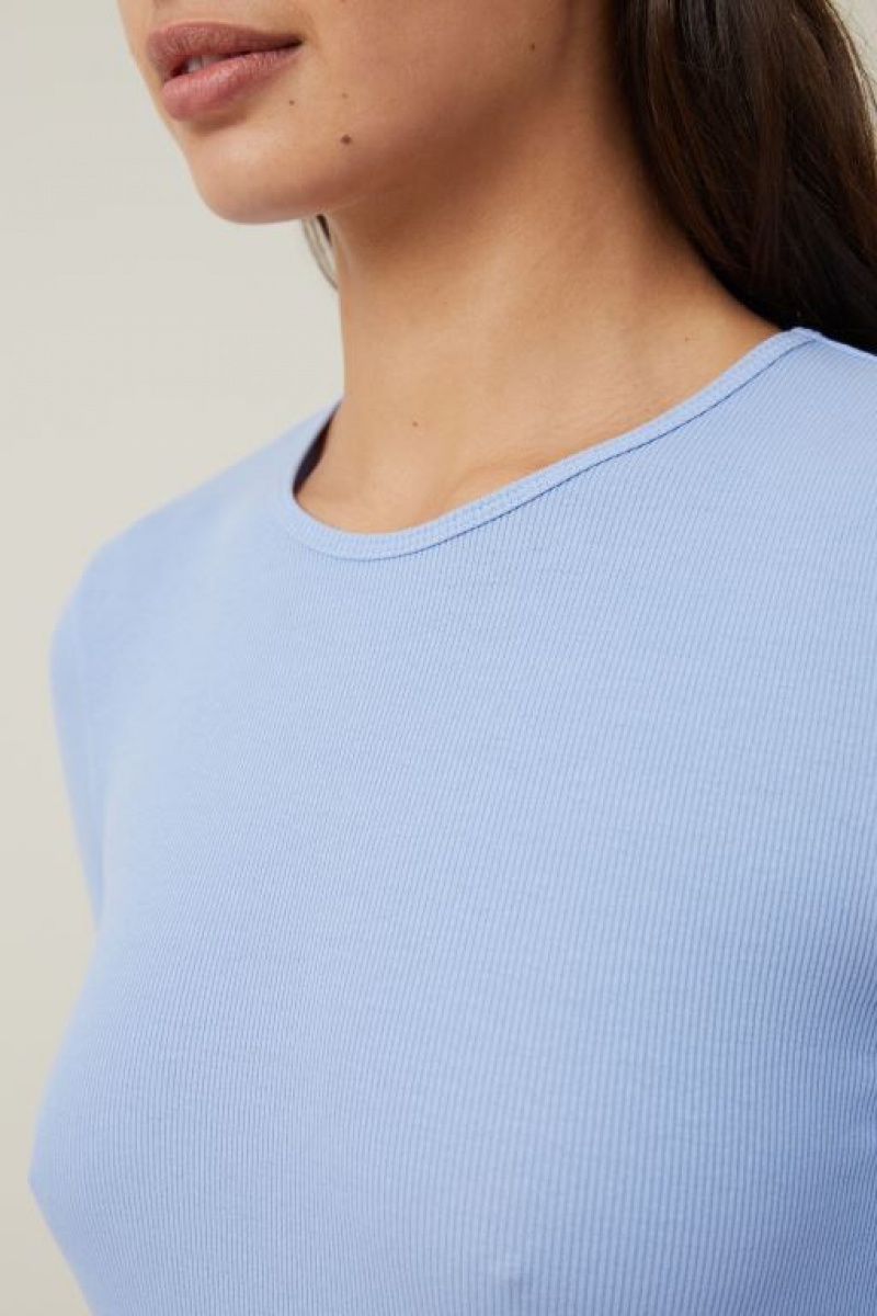 Cotton On The One Organic Rib Crew Top Women's Long Sleeve Blue | AmqATMRE44M