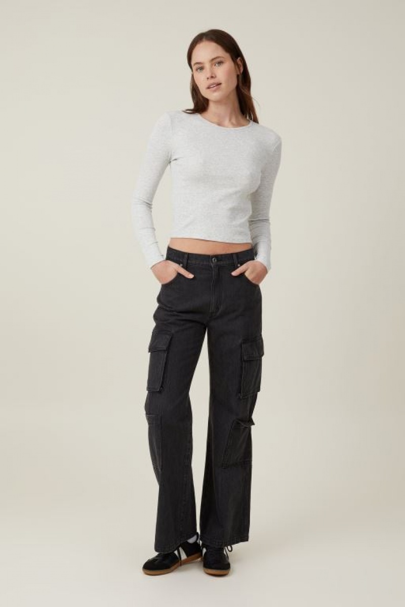 Cotton On The One Organic Rib Crew Top Women's Long Sleeve Light Grey | QlPdeUu0VDQ