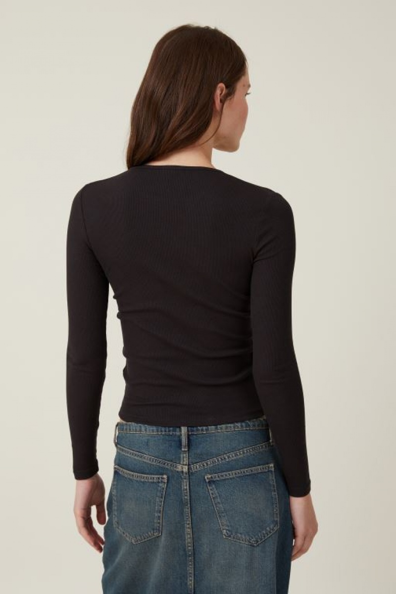 Cotton On The One Organic Rib Crew Top Women's Long Sleeve Black | saEqVfnmb2e