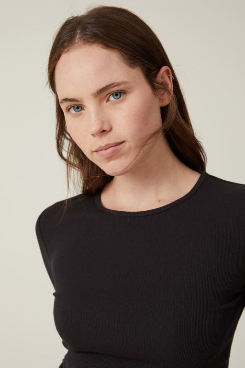 Cotton On The One Organic Rib Crew Top Women's Long Sleeve Black | saEqVfnmb2e
