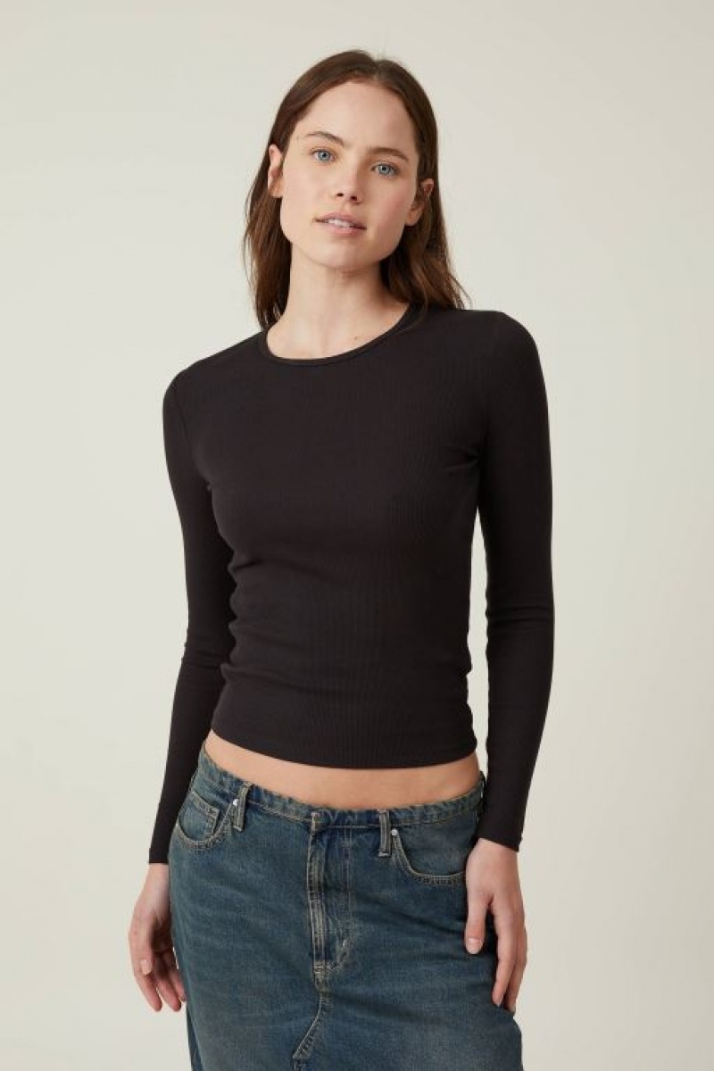 Cotton On The One Organic Rib Crew Top Women\'s Long Sleeve Black | saEqVfnmb2e