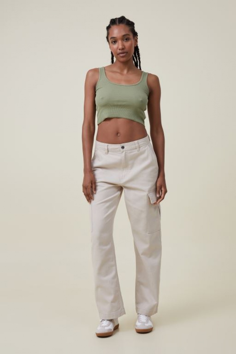 Cotton On The One Organic Rib Crop Women's Tanks Khaki | fpDmjHa5fxf