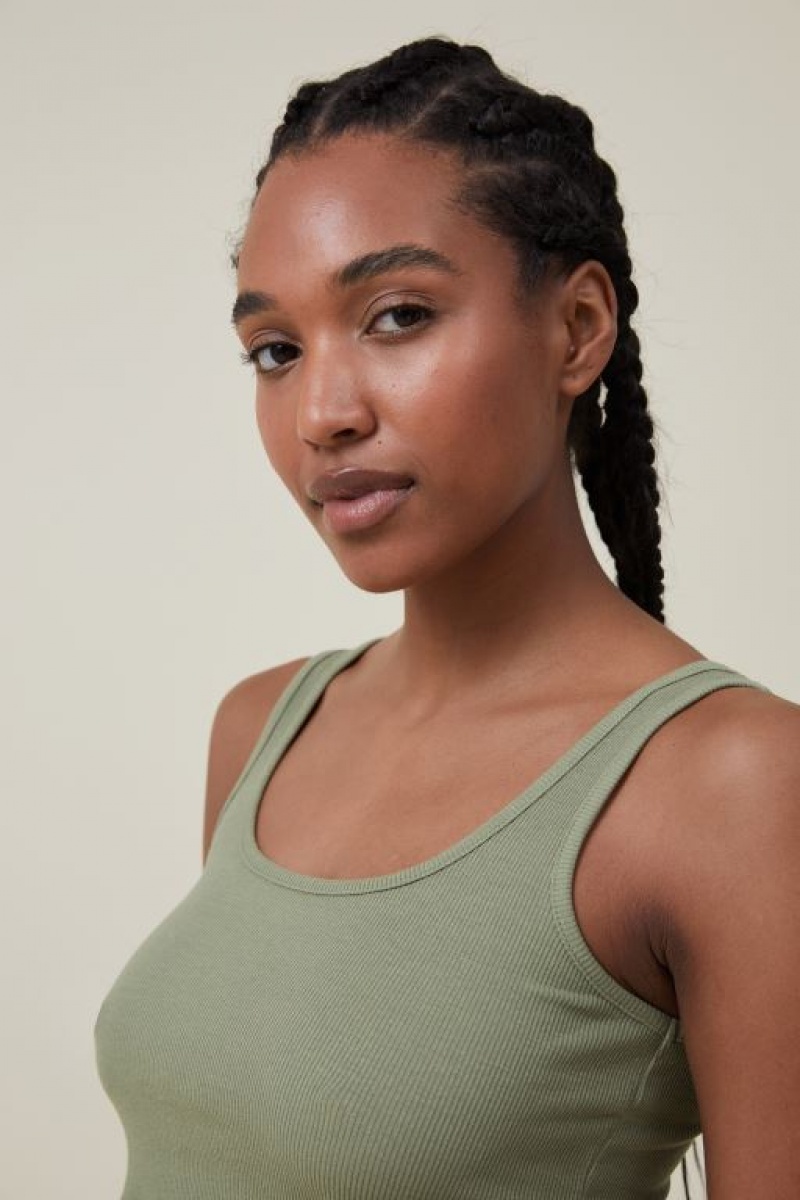 Cotton On The One Organic Rib Crop Women's Tanks Khaki | fpDmjHa5fxf