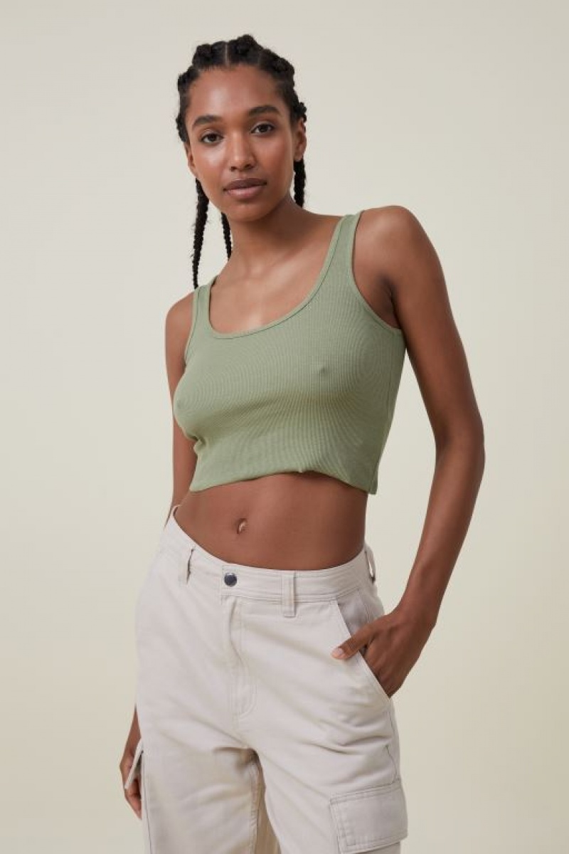 Cotton On The One Organic Rib Crop Women\'s Tanks Khaki | fpDmjHa5fxf