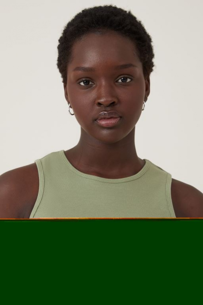 Cotton On The One Organic Rib Racer Women's Tanks Khaki | 08rWVokYTXo