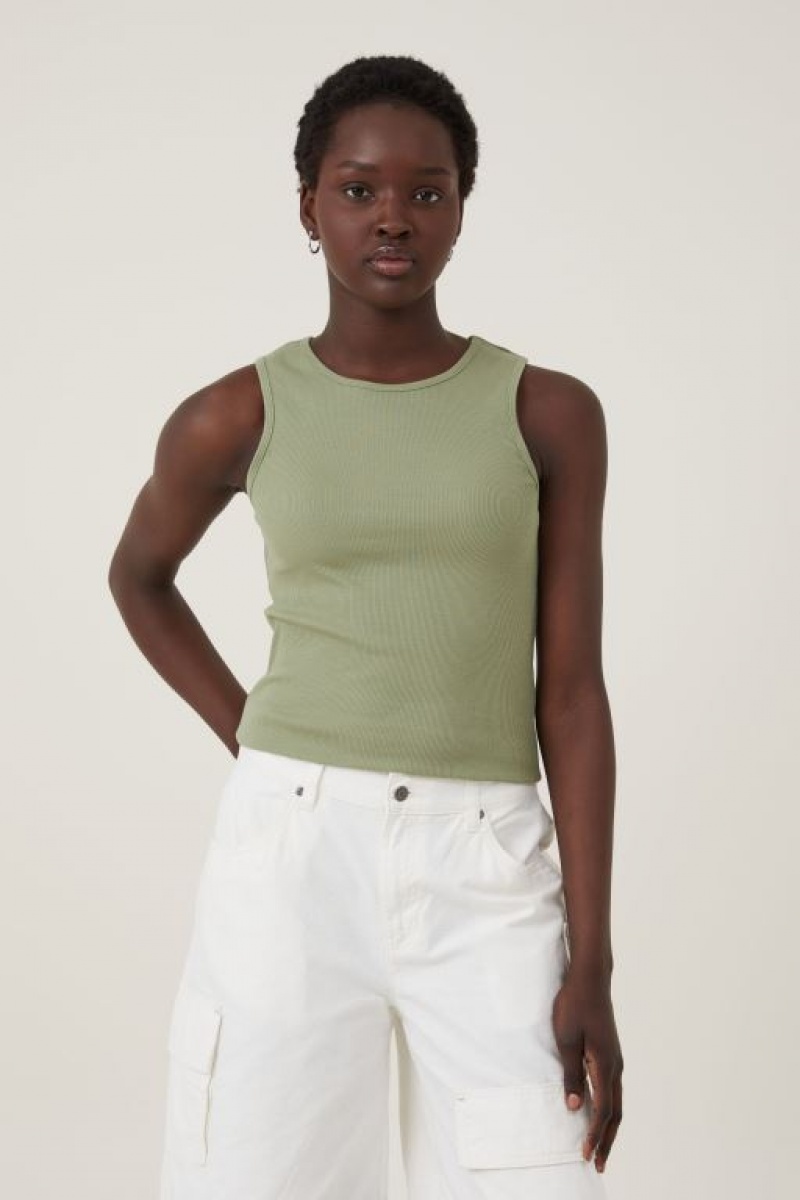 Cotton On The One Organic Rib Racer Women\'s Tanks Khaki | 08rWVokYTXo