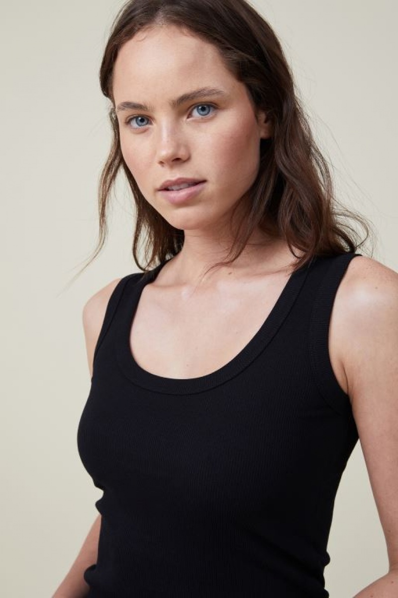 Cotton On The One Organic Rib Scoop Women's Tanks Black | fr5SKgUHMra