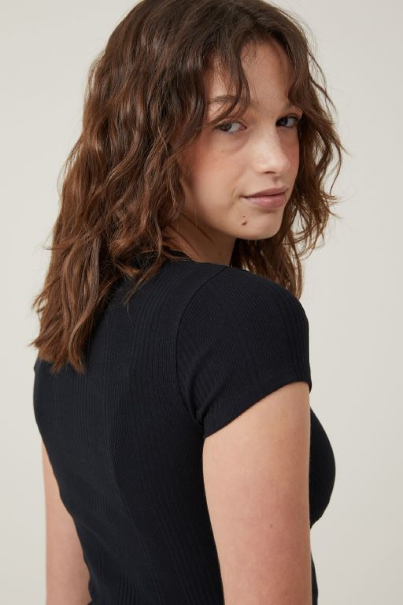 Cotton On The One Organic Variegated Rib Crew Short Sleeve Women's T Shirts Black | QBoTRgsiHV4