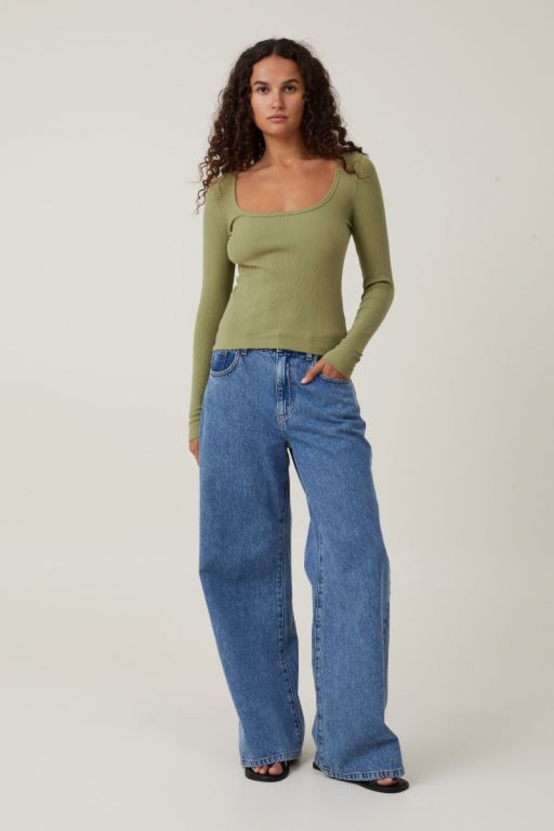 Cotton On The One Organic Variegated Rib Scoop Women's Long Sleeve Khaki | YKaQPCQjfte