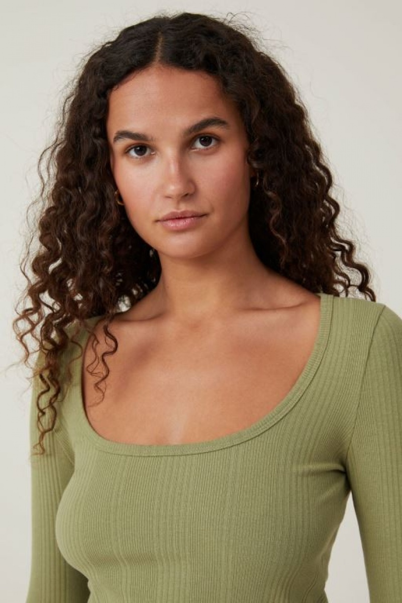 Cotton On The One Organic Variegated Rib Scoop Women's Long Sleeve Khaki | YKaQPCQjfte