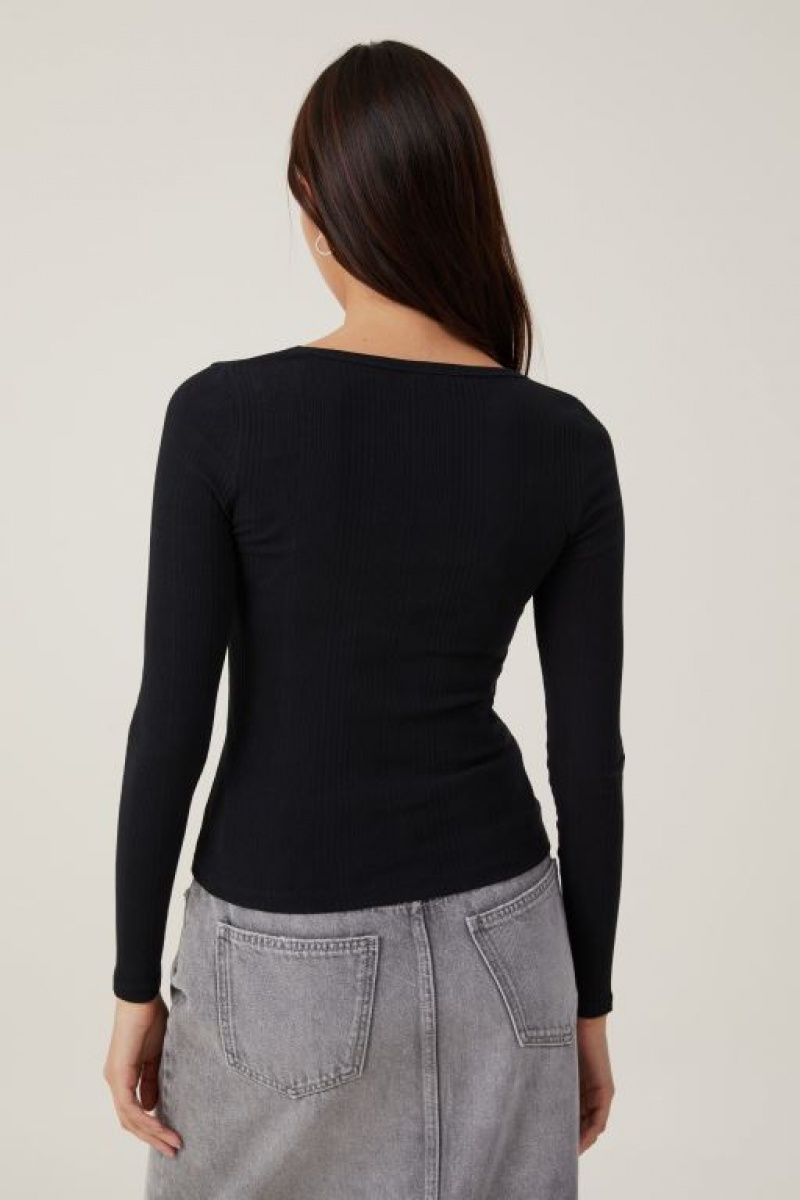 Cotton On The One Organic Variegated Rib Scoop Women's Long Sleeve Black | 288eth6POtV