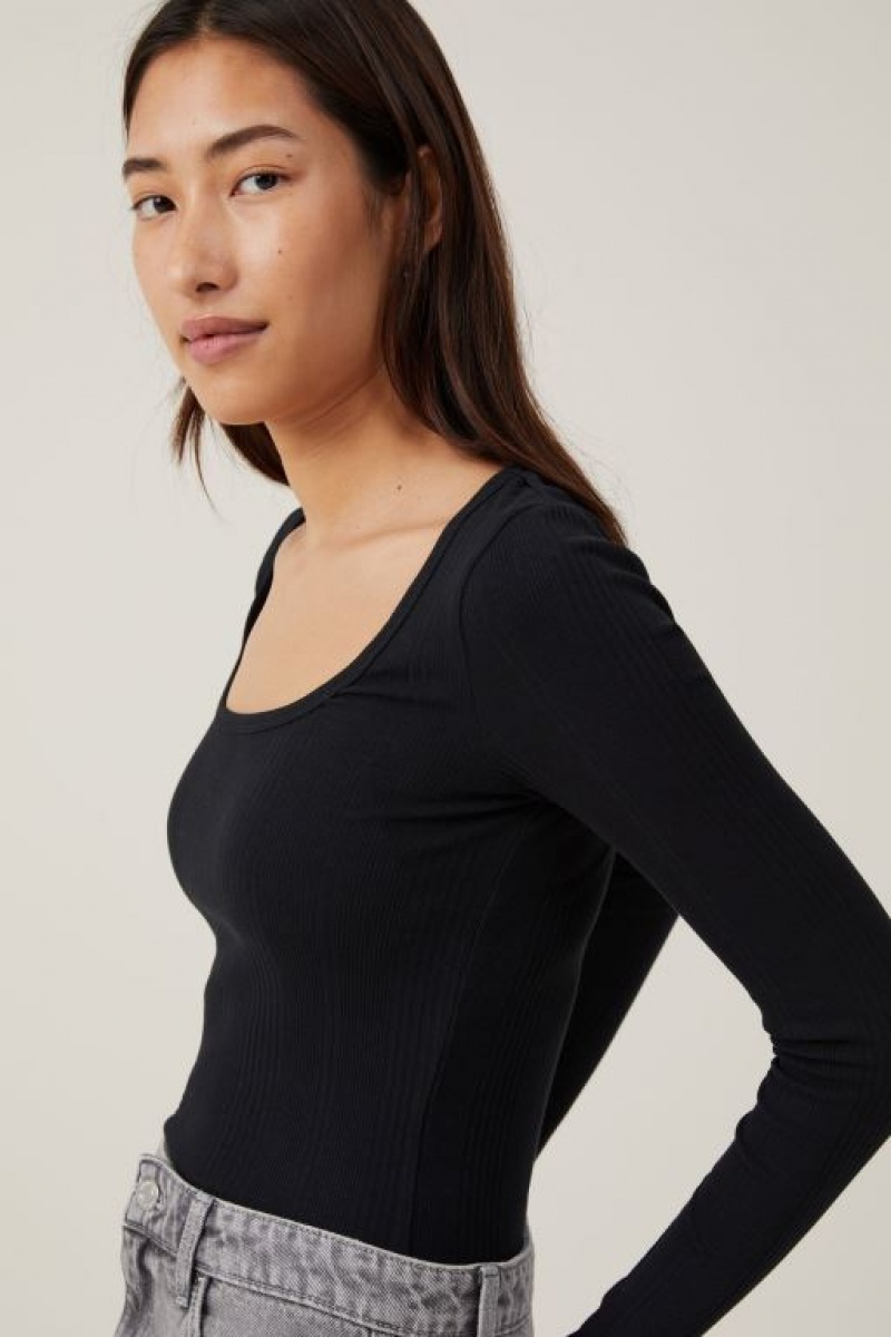 Cotton On The One Organic Variegated Rib Scoop Women's Long Sleeve Black | 288eth6POtV